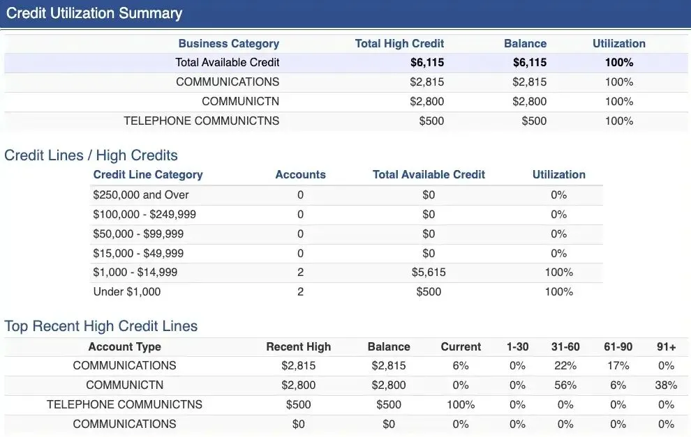 Business Credit Builder — Credit Utilization Summary report showing tradeline data across bureaus