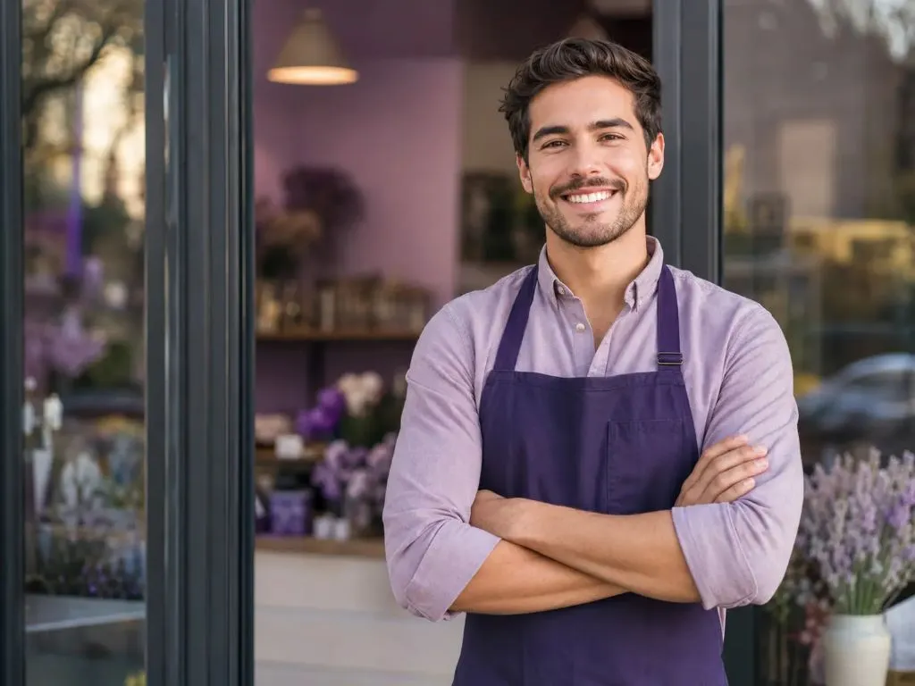 Smiling business owner standing confidently in front of their shop